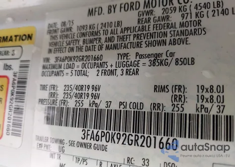 2016 Ford Fusion Titanium z USA, uszkodzony, nr VIN 3FA6P0K92GR201660